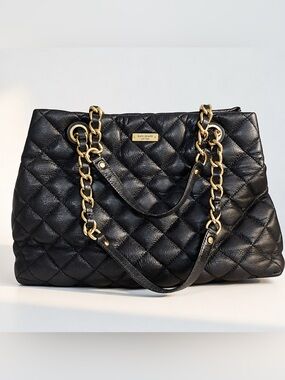 Kate Spade New York Black Quilted Leather Tote Shoulder Bag | Gold Hardware